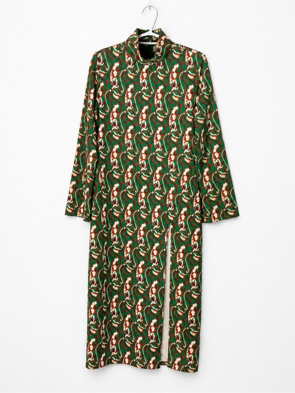 Zara Green Patterned Long-Sleeve Side-Slit Dress - Picture 3 of 8
